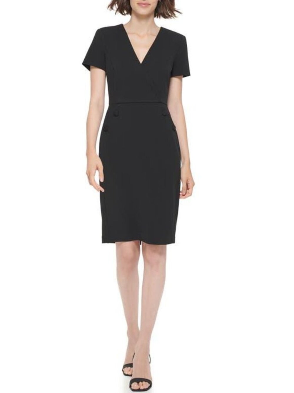 Calvin Klein Black V-Neck Button Sheath Dress in Black NWT